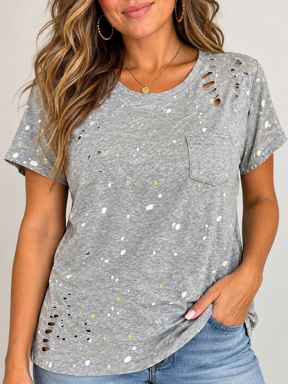 Signature Eight Distress T Shirt Womens M/L Gray Paint Splatter Grunge Street